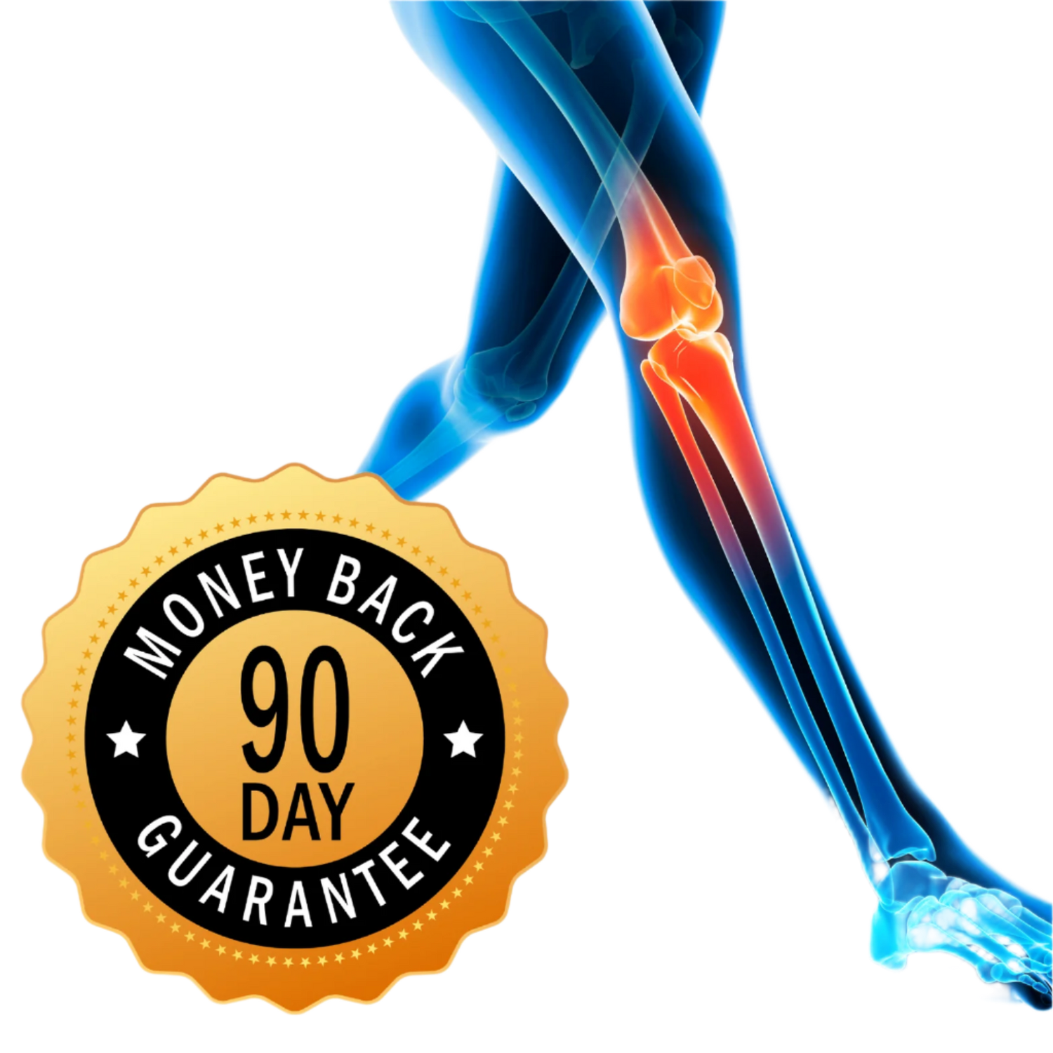 Colliage Collagen for Joints 90-day money-back guarantee with an illustration of walking legs and highlighted knees, symbolizing joint health and customer satisfaction.