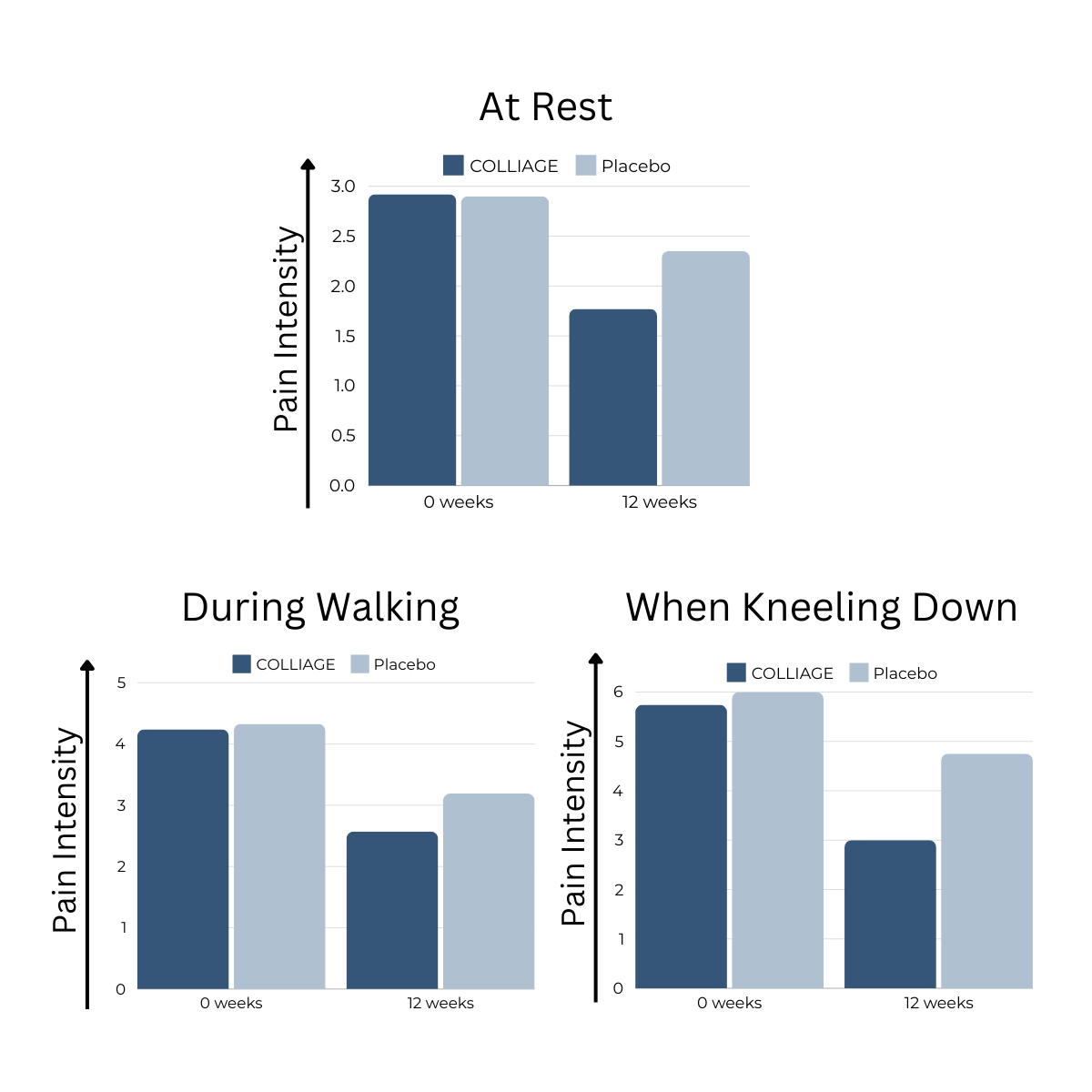 Graphs showing knee pain reduction in patients treated with Colliage collagen for joints versus placebo over 12 weeks. Pain intensity significantly decreased with Colliage in three parameters: at rest, during walking, and while kneeling, compared to placebo.